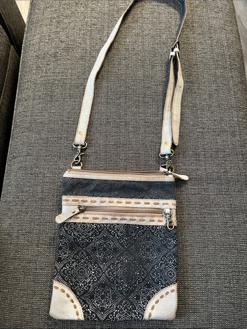 Black and Cream Patterned Crossbody Bag with Adjustable Strap